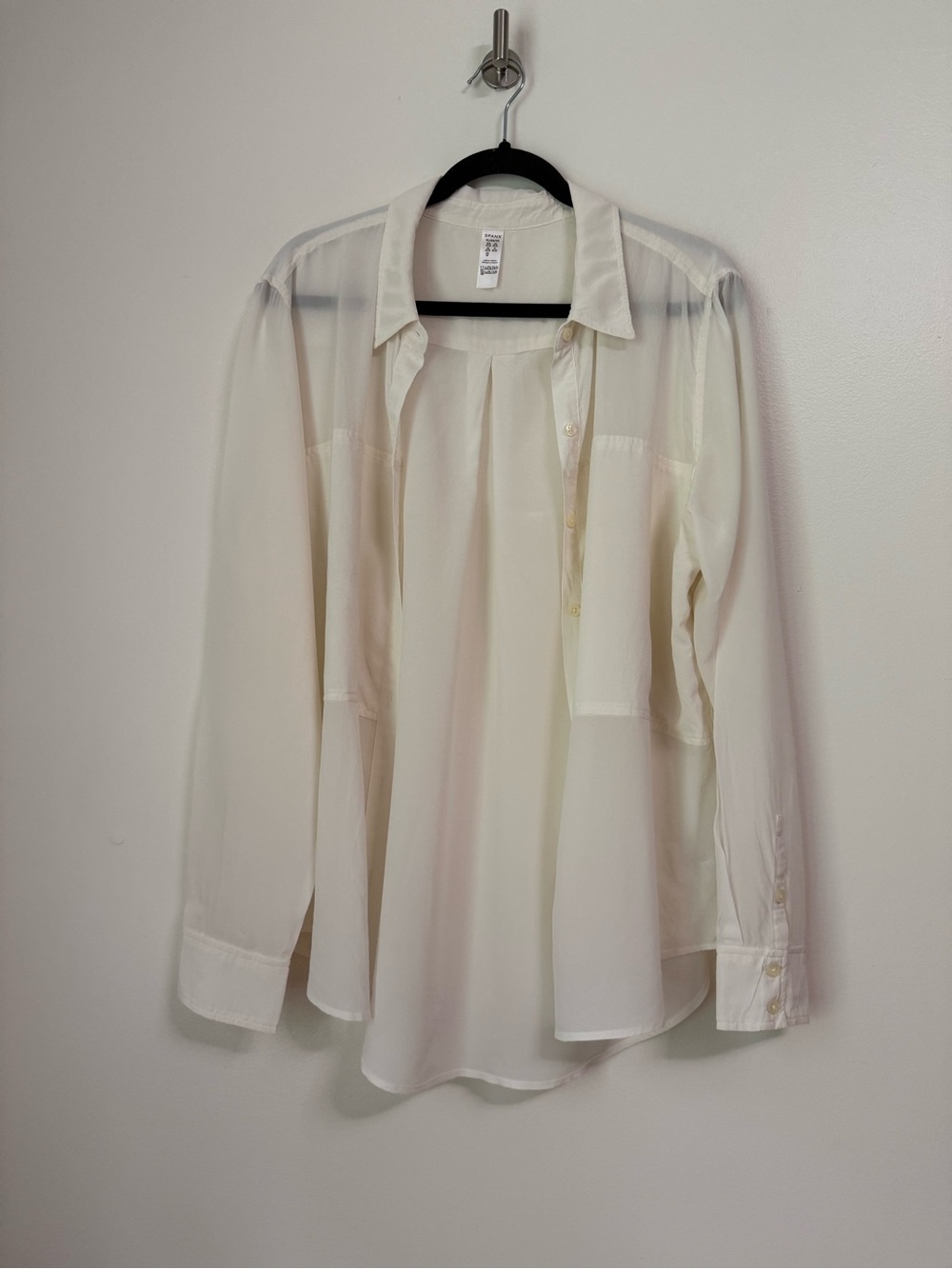 Spanx Low Maintenance Silk Sheer Paneled Button Down Top Cream White, size XL